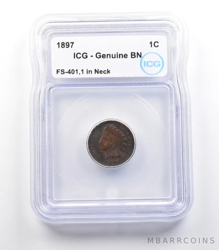 1897 Indian Head Cent Mint Error FS-401 1 In Neck Genuine BN ICG *2335