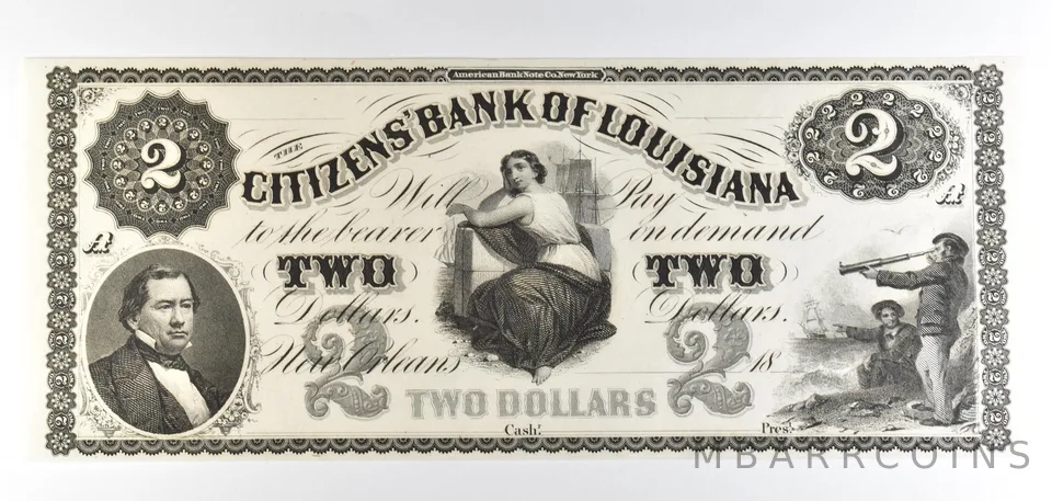 1800s $2 New Orleans LA Citizens Bank Obsolete Note *8893