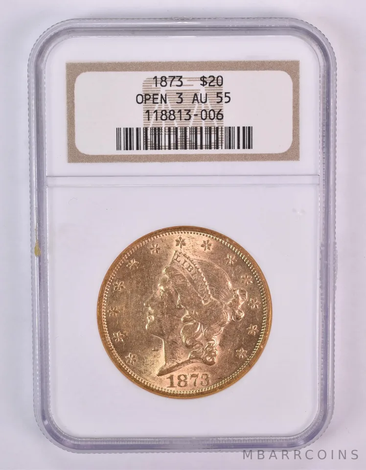 1873 $20 Liberty Head Gold Double Eagle Open 3 AU55 NGC *1030