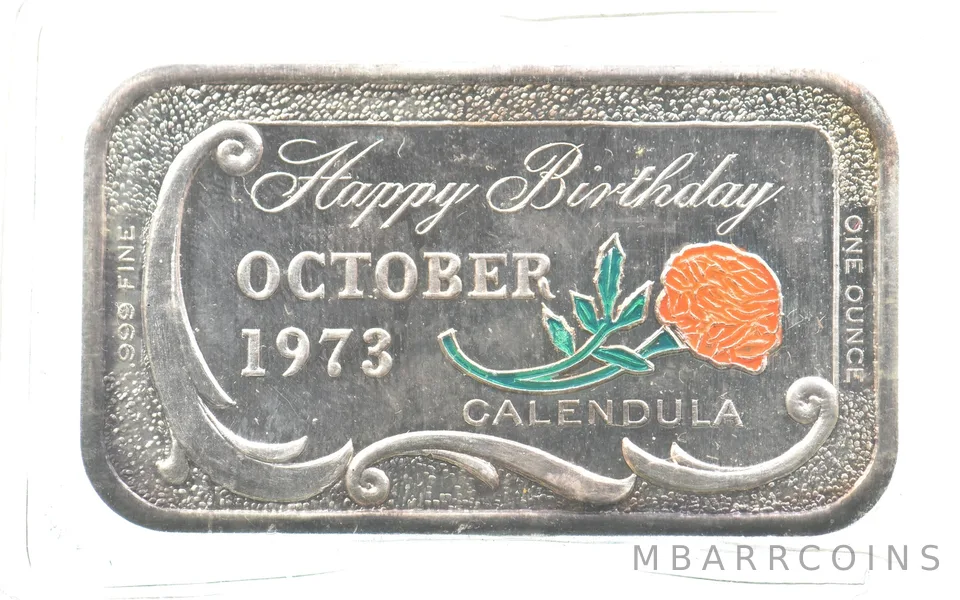 1973 1 Oz Silver Bar Happy Birthday October Calendula Enameled a0765