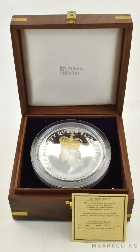 2012 Ascension Island Crown 60 Oz Silver 1 Ct Diamond COA HUGE Low Mintage *5663