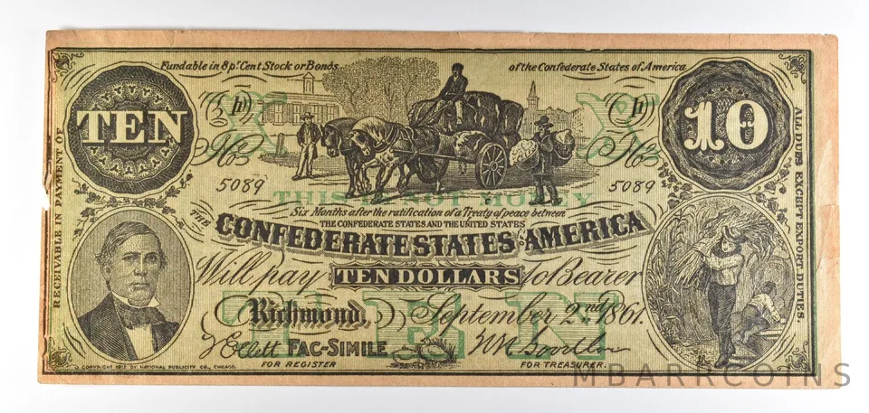 Facsimile 1861 Confederate $10 Wiklem Olsen & Co Advertising Note *8732