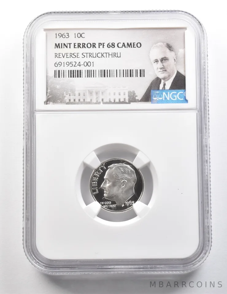 1963 Roosevelt Dime Mint Error PF68 Cameo Reverse Struck Thru NGC a9485