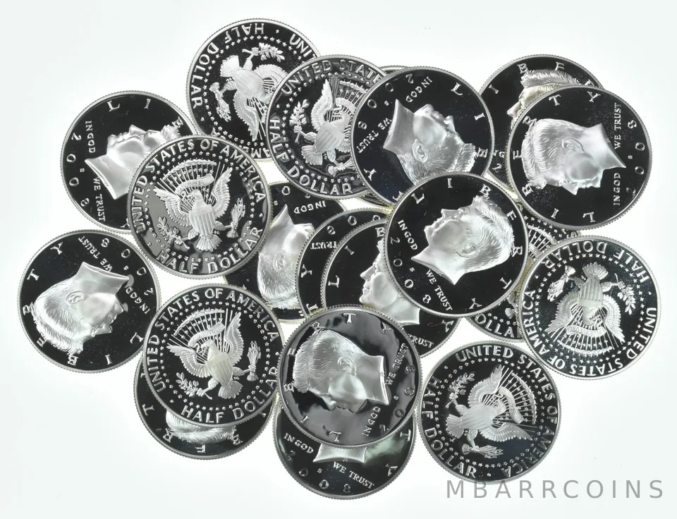 Lot (20) 2008-S Kennedy Half Dollar Proof 90% Silver $10 Face Value