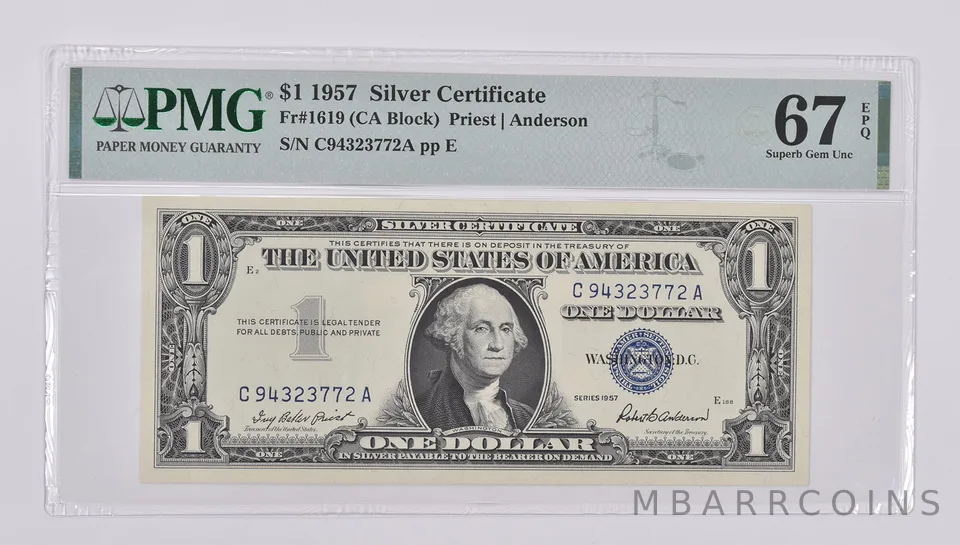1957 $1 Silver Certificate 67 EPQ PMG Fr. 1619 Superb Gem Unc