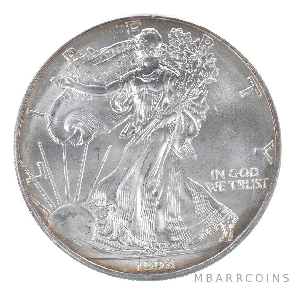 Beautiful Toned - 1998 American Silver Eagle 1 Troy Oz .999 Fine Silver *123