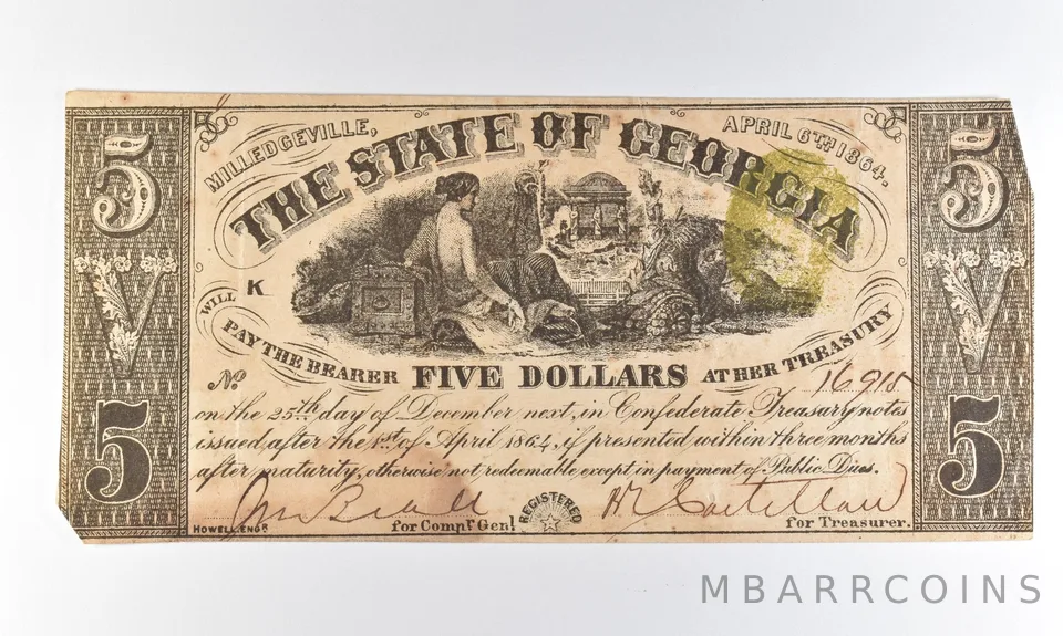 1864 $5 Milledgeville GA State Of George Obsolete Note *8311