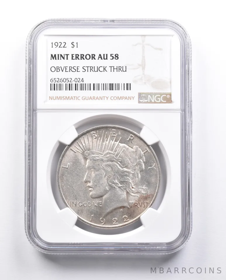 AU58 1922 Peace Silver Dollar Error OBV Struck Thru NGC *6639