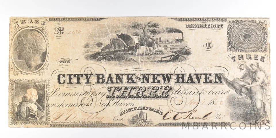 1852 $3 New Haven CT City Bank Obsolete Note *0236