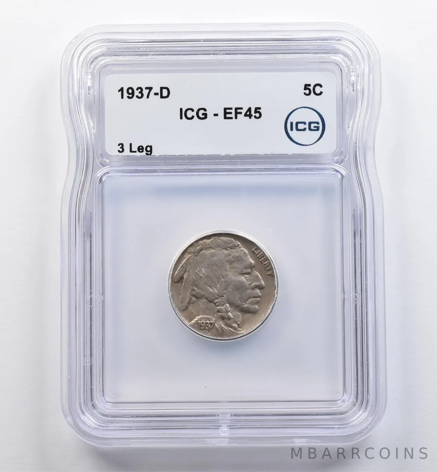 1937-D Indian Head Buffalo Nickel 3 Leg EF45 ICG *9038