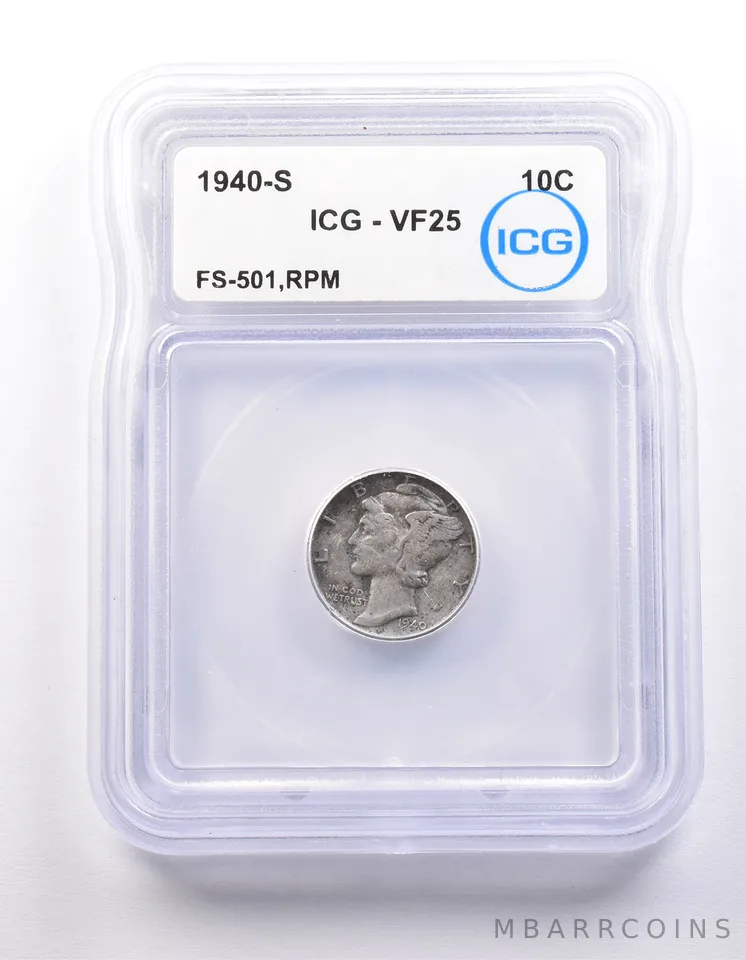1940-S Mercury Dime FS-501 RPM VF25 ICG *9838