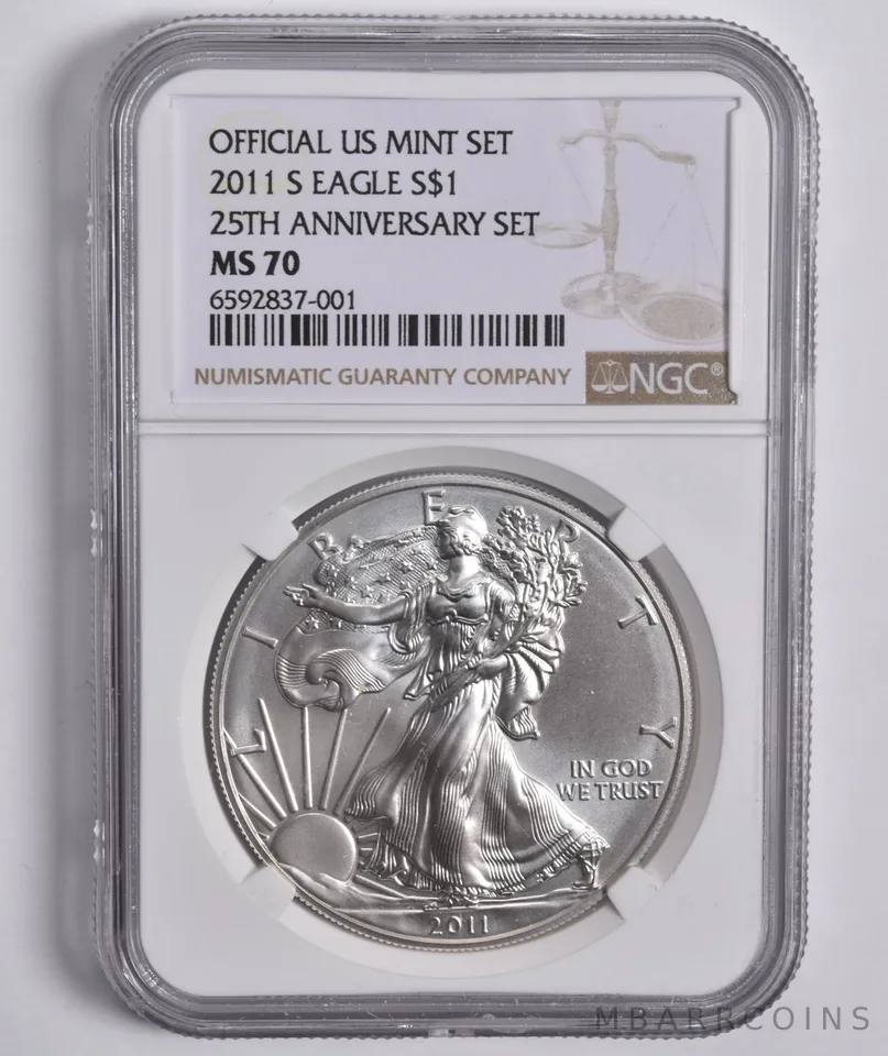 2011-S SILVER EAGLE 25th ANNIVERSARY MS70 NGC US MINT SET Brown Label