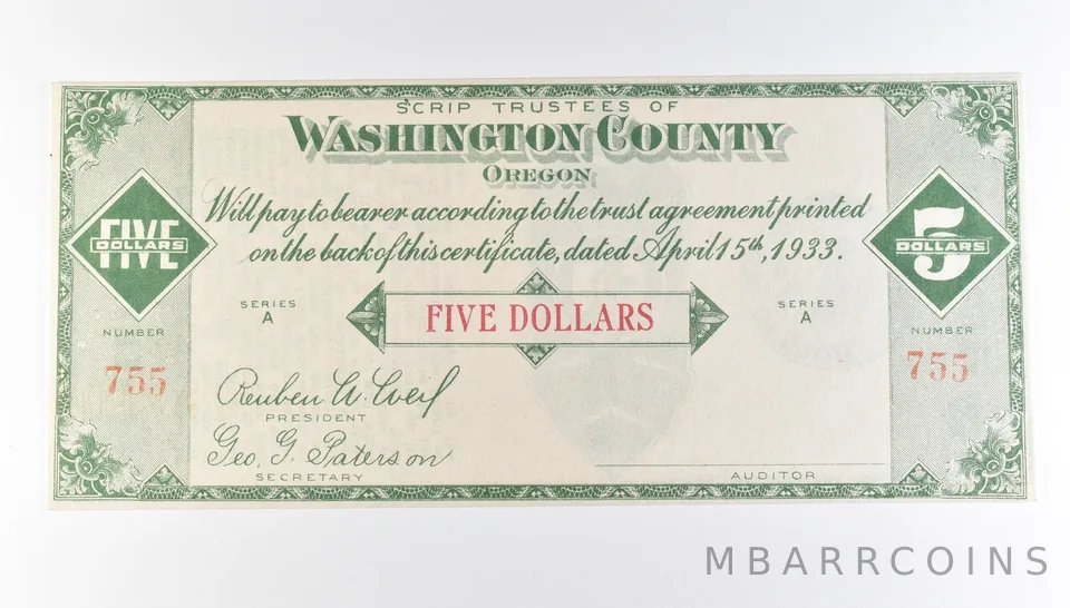 1933 $5 Washington County OR Scrip a9768