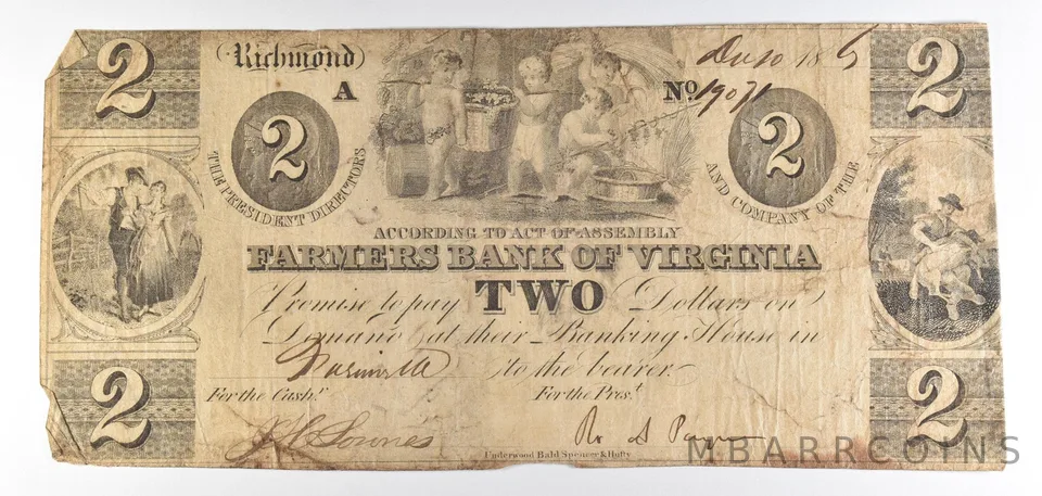 1865 $2 Richmond VA Farmers Bank Obsolete Note *8884