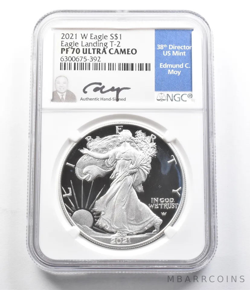PF70 UCam 2021-W American Silver Eagle Landing T-2 Moy Signed NGC a5830