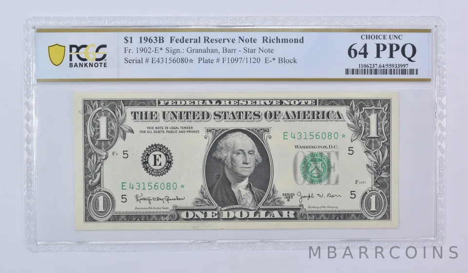 1963 B $1 Richmond VA FRN Star Note Fr#1902-E* Choice Unc 64 PPQ PCGS