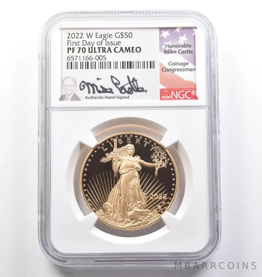 2022-W $50 American Gold Eagle FDOI Mike Castle 1 Oz Gold PF70 UCAM NGC *9493