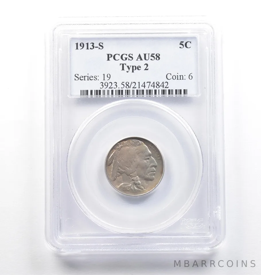 1913-S Indian Head Buffalo Nickel Type 2 AU58 PCGS *6962