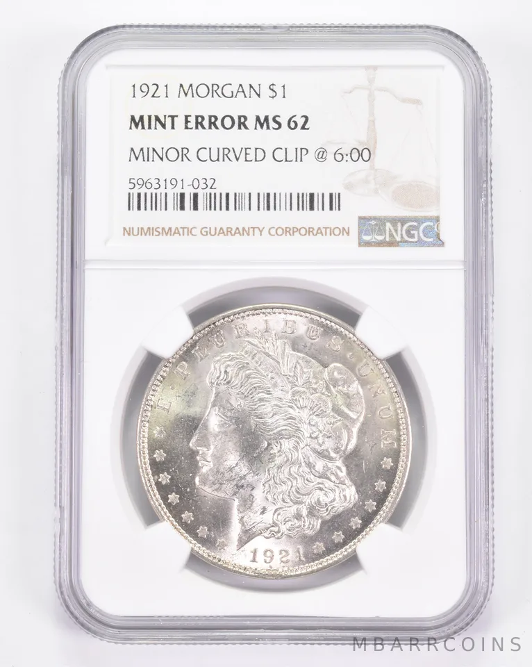 Mint Error MS62 1921 Morgan Silver Dollar - Minor Curved Clip @ 6:00 NGC *8838