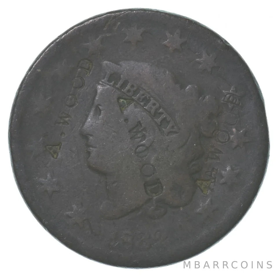 1832 Young Head Large Cent Counter Stamped "A. Wood" *8658