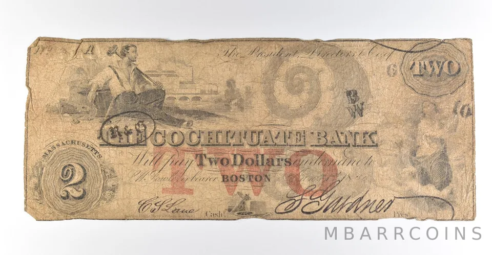1850s $2 Boston MA Cochituate Bank Obsolete Note *8427