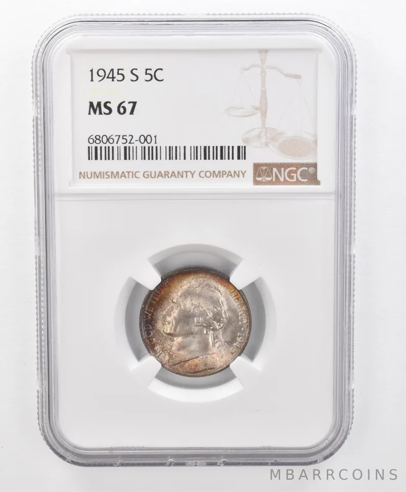 1945-S Jefferson Nickel MS67 NGC Beautiful Tone *2691