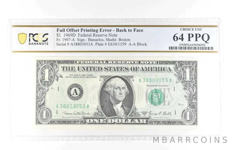 1969 D $1 64 FRN Full Offset Print Error Back To Face Fr#1907-A PPQ PCGS *5796