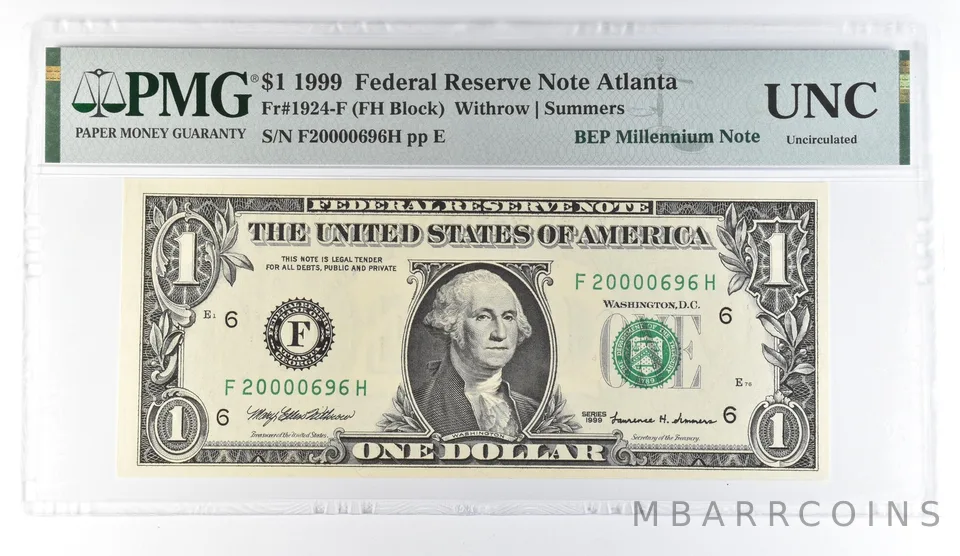 1999 $1 Atlanta GA FRN Fr#1924-F BEP Millennium Note PMG Fancy Serial 696 a8091