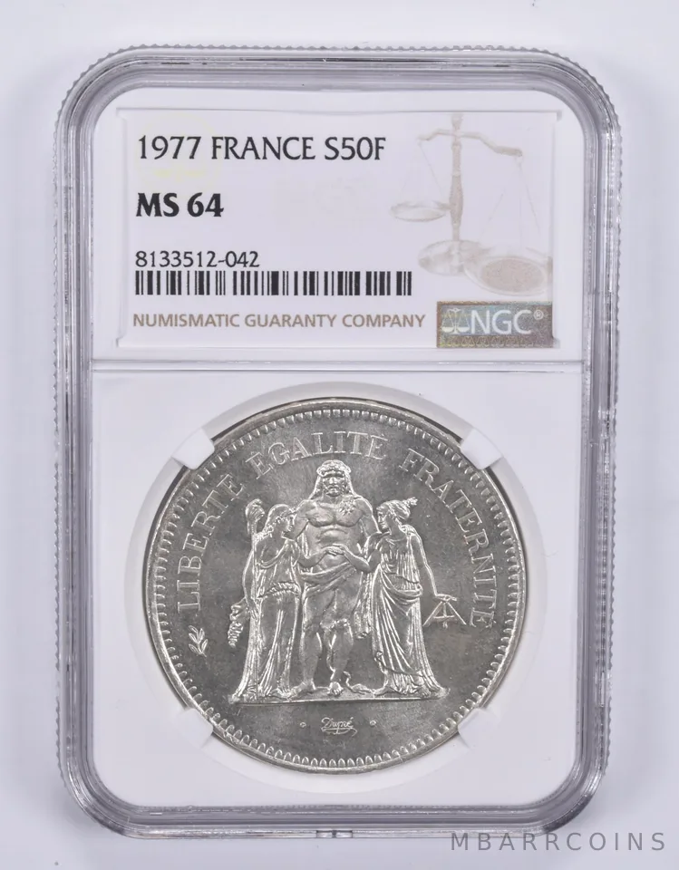 1977 France 50 Francs Silver MS64 NGC Brown Label