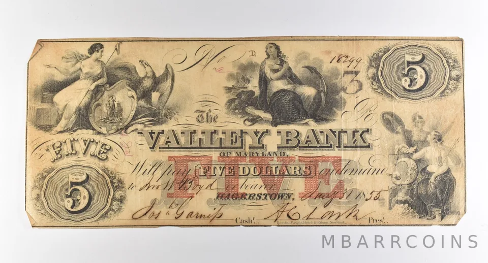 1855 $5 Hagerstown MD Valley Bank Obsolete Note *3837