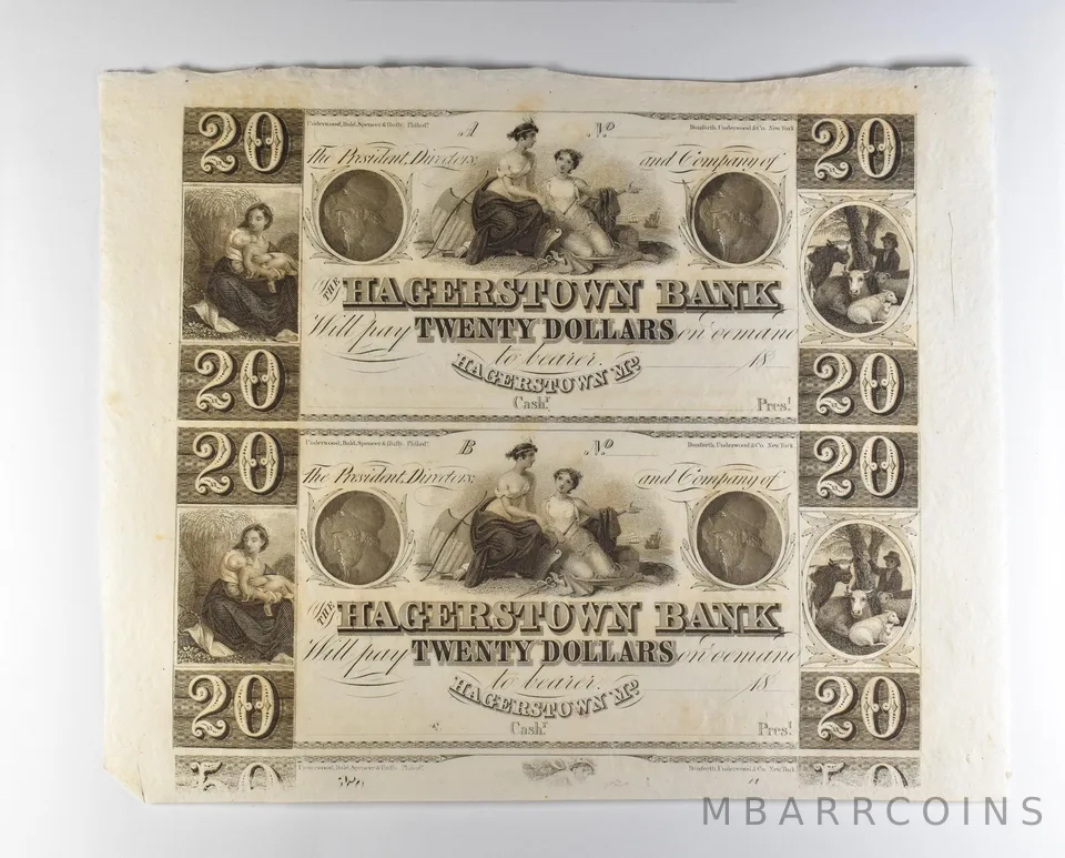 Lot (2) 1800s $20 Hagerstown MD Bank Obsolete Note Uncut *8697
