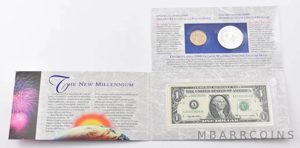 2000 US Millennium Coin & Currency Set Sacagawea + ASE + $1 Note