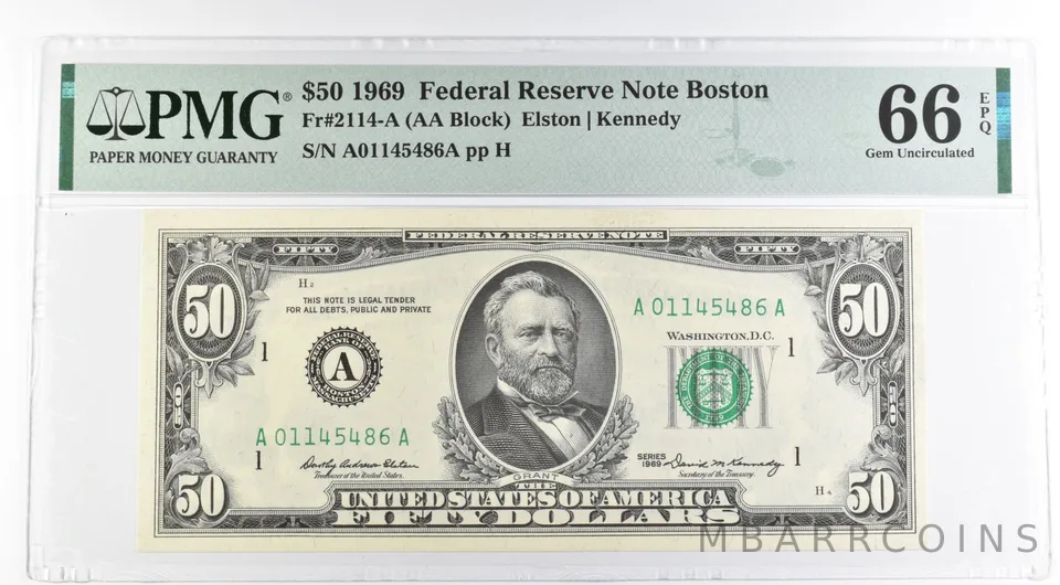 1969 $50 Boston MA US FRN Fr#2114-A 66 Gem Unc EPQ PMG a8497