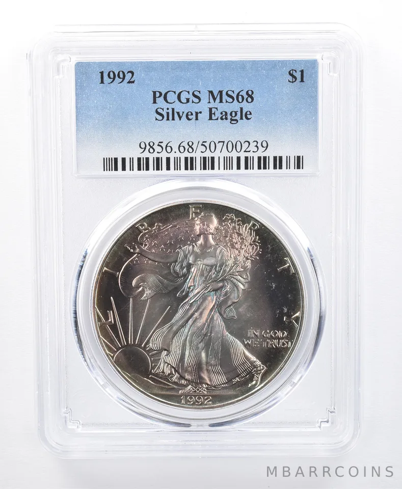 1992 American Silver Eagle MS68 PCGS Blue/Green Tone *8593