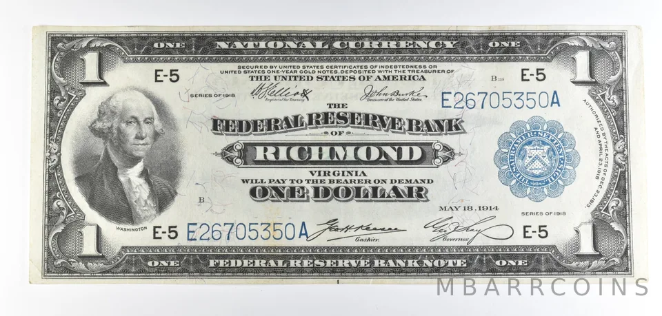 1918 $1 National Currency Note Richmond VA Ch#E-5 Large Note *8562
