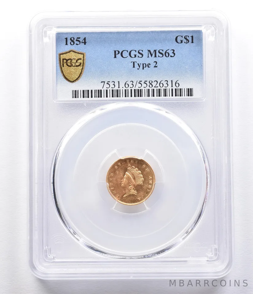 1854 $1 Indian Princess Head Gold Dollar Piece Type 2 MS63 PCGS *2329
