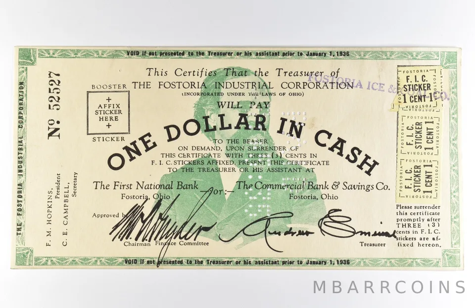 1936 $1 Fostoria OH Industrial Corporation Obsolete Note *8572