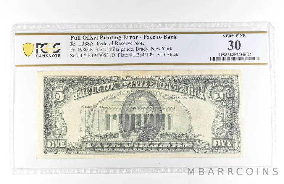 1988 A $5 30 NY FRN Full Offset Print Error Face To Back Fr#1980-B PCGS *5830