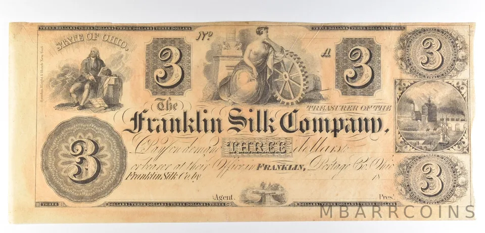 1800s $3 Franklin OH Franklin Silk Company Obsolete Note *8566