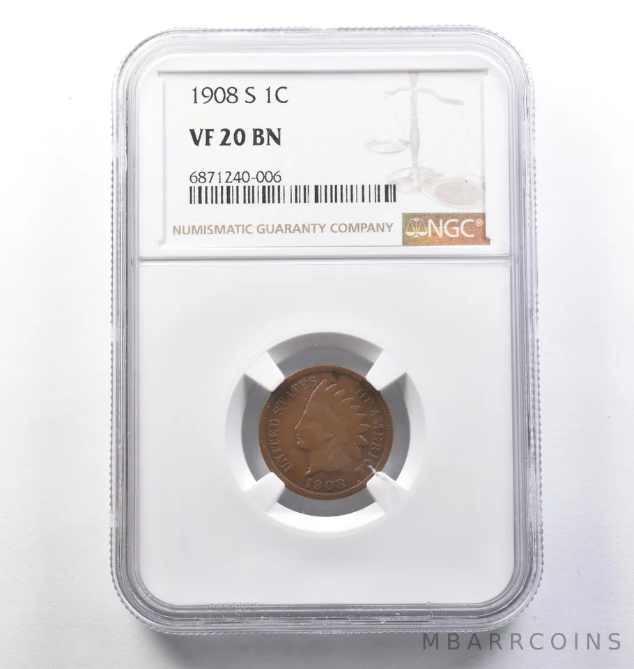 1908-S Indian Head Cent VF20 BN NGC *3838