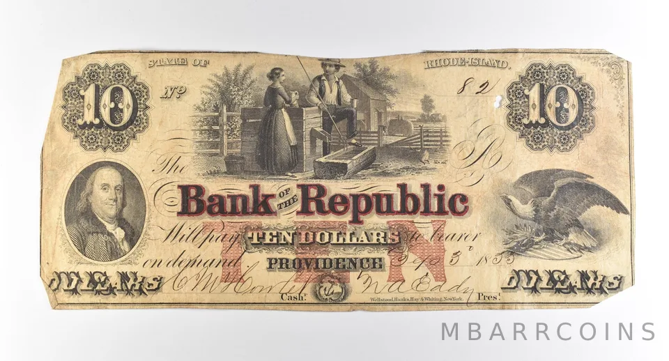 1855 $10 Providence RI Bank Of The Republic Obsolete Note *3765