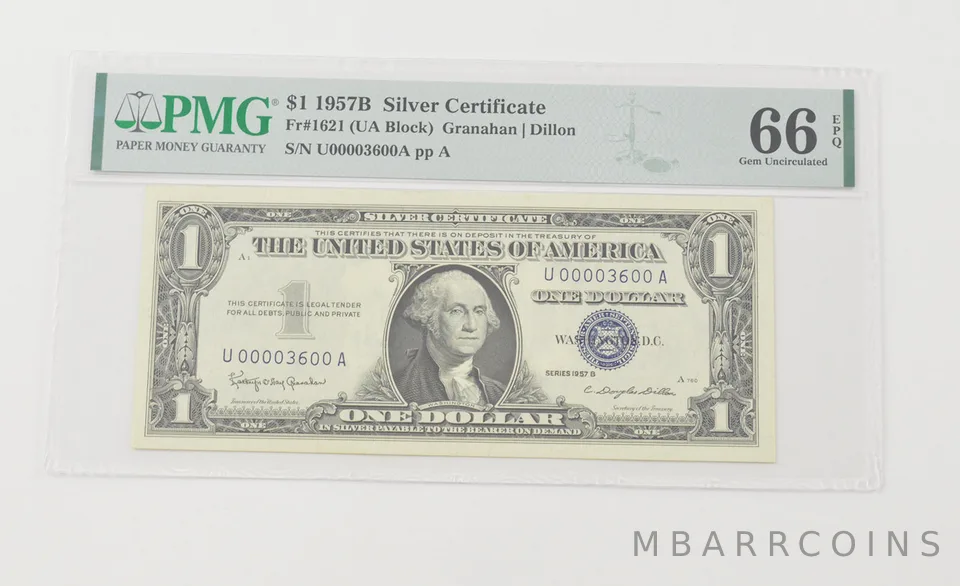 Gem UNC 66 EPQ 1957-B $1 Silver Certificate - FR#1621 PMG 3600 LOW Serial *6590