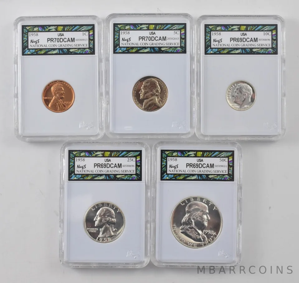 (5) 1958 Proof Set Cent Nickel Dime Quarter Half Dollar *8762