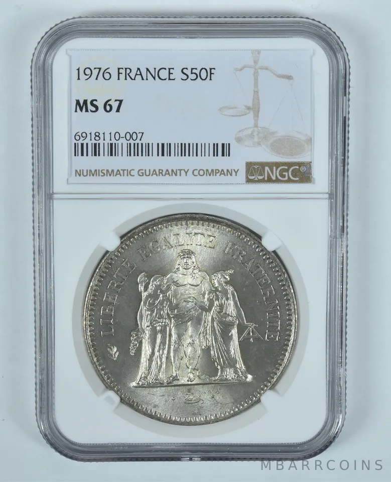 1976 France 50 Francs Silver MS67 NGC Brown Label