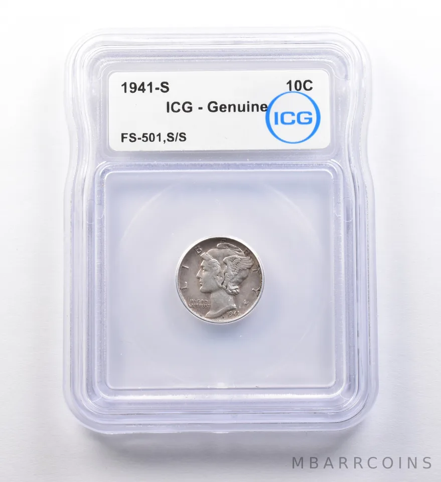 1941-S Mercury Dime FS-501, S/S Genuine ICG a9705