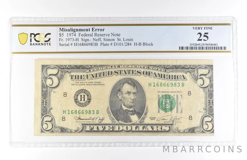 1974 $5 St Louis MO FRN Misalignment Error Fr#1973-H Very Fine 25 PCGS *5836