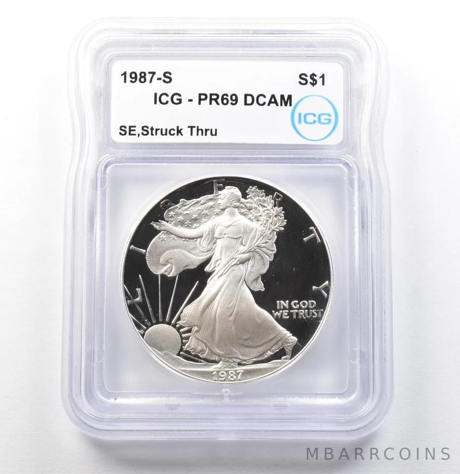 1987-S American Silver Eagle Mint Error Struck Thru PR69 DCAM ICG a0038