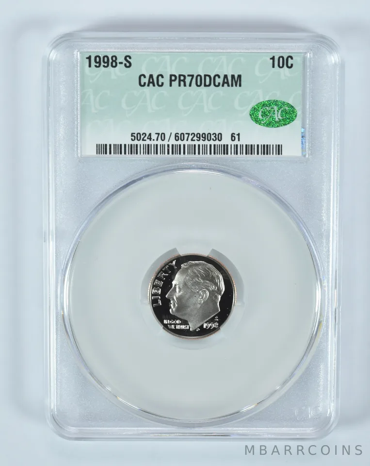 1998-S Roosevelt Dime PR70 DCAM CAC CACg