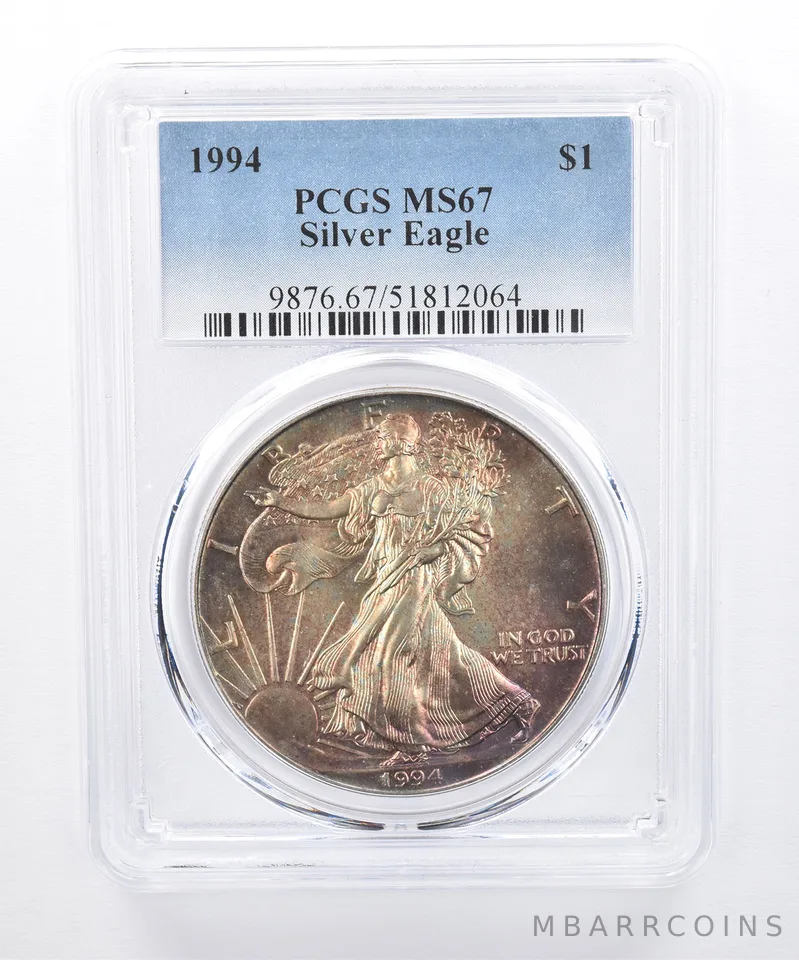 1994 American Silver Eagle MS67 PCGS Green/Purple Tone *8282