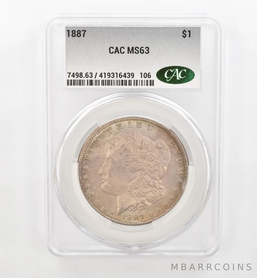1887 Morgan Silver Dollar MS63 CAC CACg Beautiful Tone a0460